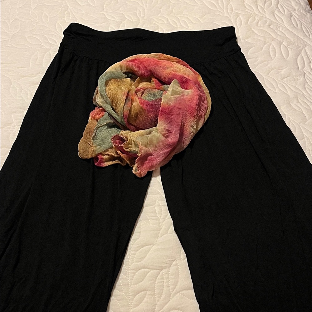 Black Wide-Leg Belly Dance Pants with Multicolor Veil